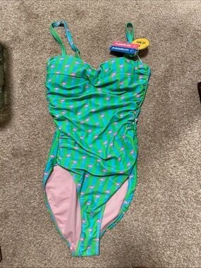 RuffleButts Green Striped One-Piece Swimsuit with Pink Flamingos